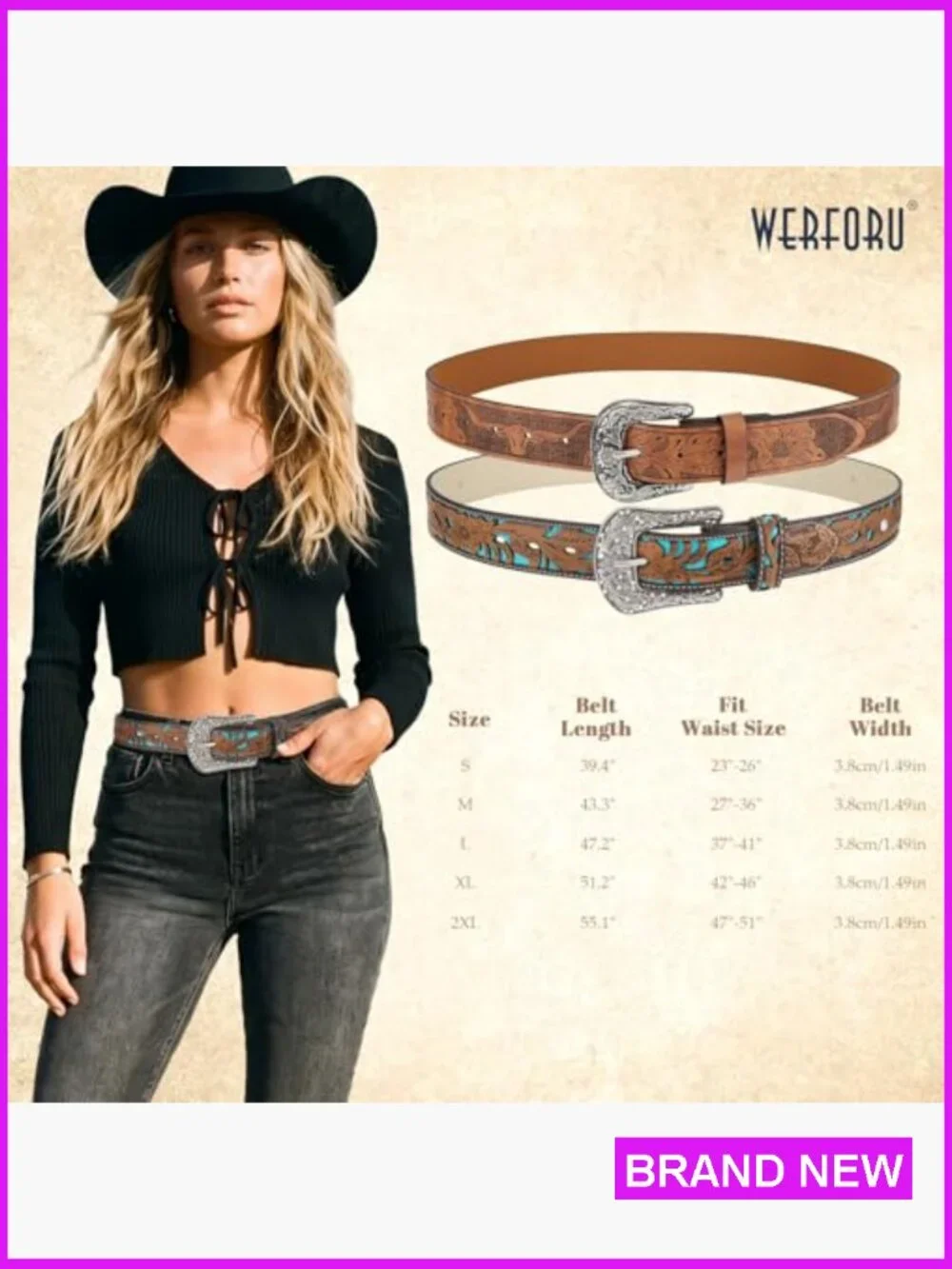 Women Western Leather Belt Set with Big Silver Buckle Vintage Carved Pattern - Picture 6 of 7